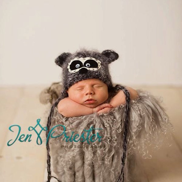 Baby Hat, Raccoon hat, Baby Photo Prop, Knit Newborn Hat, Newborn Knit Hat, Animal Hat, Hand Knit Baby hat