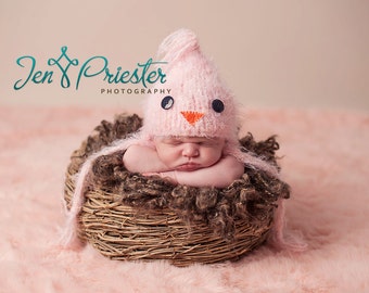 May include: A newborn baby wearing a pink bird-shaped hat with black buttons for eyes and an orange beak, sleeping in a brown wicker nest on a pink fluffy surface.