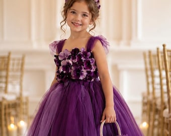 Deep Purple Flower Girl Dress, Hydrangea Flower Tulle Dress, Plum Princess Gown for Weddings, Toddler Formal Dress, Special Occasion Dress