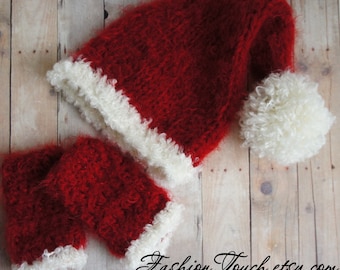 Santa Baby  Stocking Hat and legwarmers, Newborn Hat, Knit Photo Prop in White and Red