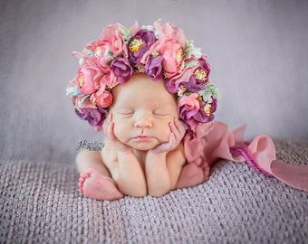 Floral Baby Bonnet: Knit Flower Garden Hat, Newborn Photo Prop