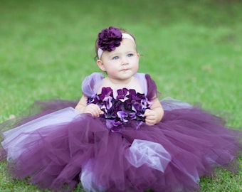 Flower girl dress Deep Purple and Lavender tutu dress, flower top, hydrangea top, toddler tutu dress