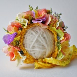 Flower Bonnet, Floral Bonnet, Garden Bonnet, Sitter Bonnet, Baby hat, Baby Photo Prop, Newborn Photo Prop, Knit Baby Bonnet, Baby Hat image 5