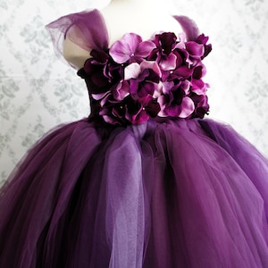 Robe de demoiselle d&#39;honneur violet foncé et lavande, haut à fleurs, haut d&#39;hortensias, robe tutu pour tout-petits