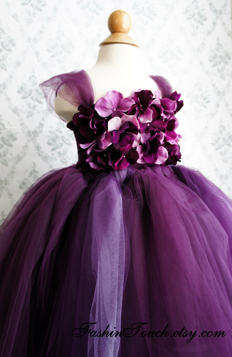 Flower girl dress Deep Purple and Lavender tutu dress, flower top, hydrangea top, toddler tutu dress image 1