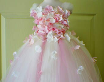 Flower Girl Dress, Photo Prop, Flower Girl Tutu Dress, Light Pink and Ivory, Flower Top, Tutu Dress, Scascading Flowers