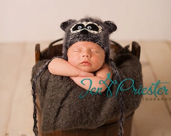 Bonnet bébé raton laveur en tricot : accessoire photo nouveau-né