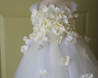 Flower girl dress White Dress, White and Ivory tutu dress, flower top, hydrangea top, toddler tutu dress Cascading flowers