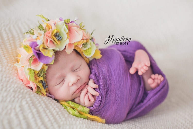 Flower Bonnet, Floral Bonnet, Garden Bonnet, Sitter Bonnet, Baby hat, Baby Photo Prop, Newborn Photo Prop, Knit Baby Bonnet, Baby Hat image 3