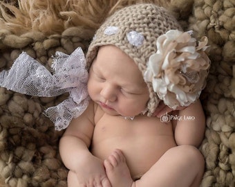 Flower Bonnet, Baby Hat, Floral Bonnet, Knit Baby Bonnet, Newborn Photo Prop, Baby Photo Prop Newborn Baby Girl Hat, Baby Hat, Knit Baby Hat