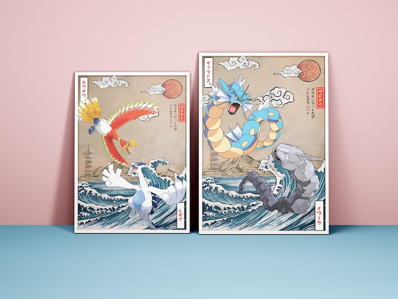 May include: Two framed prints of Pokemon characters in a Japanese art style. The prints feature the Pokemon characters,  "Gyarados" and "Lapras" in the water, and "Articuno" and "Moltres" in the sky. The prints have Japanese text on them.