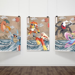 May include: Three Japanese-style prints featuring Pokemon characters. The first print shows Charizard, Blastoise, and a Japanese temple. The second print shows a fiery Arcanine, a red and yellow Flareon, and a Japanese mountain. The third print shows a dark Gengar, a pink and blue Gardevoir, and a Japanese wave.