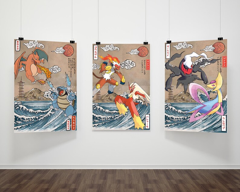 May include: Three Japanese-style prints featuring Pokemon characters. The first print shows Charizard, Blastoise, and a Japanese temple. The second print shows a fiery Arcanine, a red and yellow Flareon, and a Japanese mountain. The third print shows a dark Gengar, a pink and blue Gardevoir, and a Japanese wave.