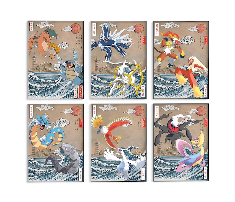 May include: Six illustrated cards featuring Pokemon characters in a Japanese style. The cards feature a variety of Pokemon, including Charizard, Blastoise, Venusaur, and more. Each card has a unique design and features a different Pokemon.