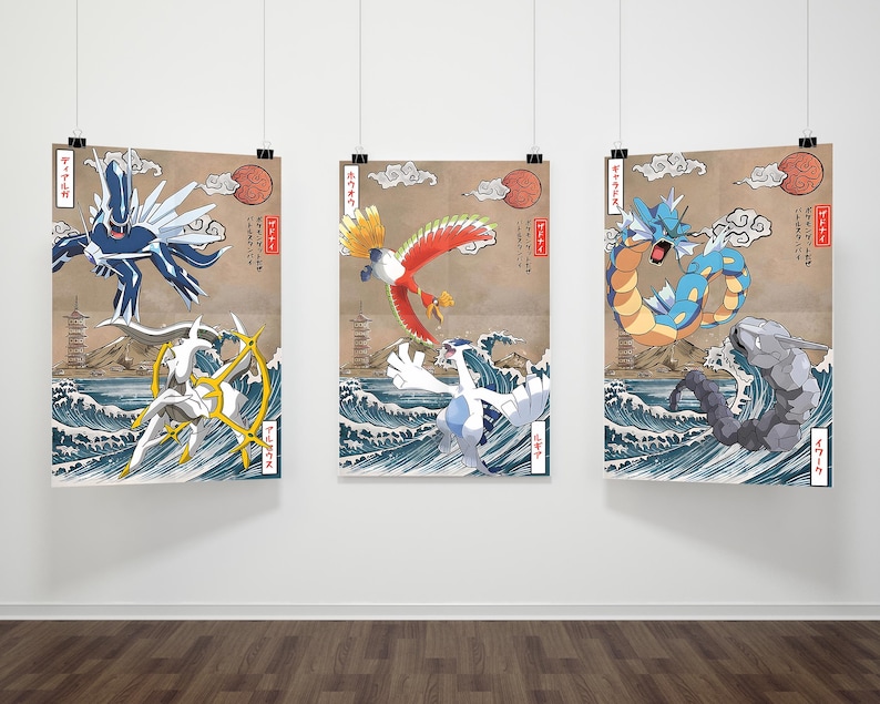 May include: Three Japanese-style prints featuring Pokemon characters. The first print shows a blue and white Pokemon with wings, the second print shows a red and yellow Pokemon with wings, and the third print shows a blue and green Pokemon with a long tail.