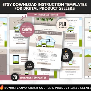 Puede incluir: Un conjunto de plantillas de instrucciones de descarga de Etsy para vendedores de productos digitales. Las plantillas incluyen páginas de "Gracias", personalizables con Canva. La imagen presenta varios diseños, con el texto "70 plantillas editables" y "Con derechos de reventa".