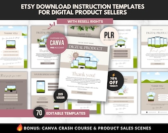 Paquete de 70 plantillas de instrucciones de descarga para Etsy, herramientas editables de Canva para la entrega de productos digitales y páginas de agradecimiento con derechos PLR.