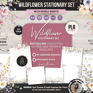 May include: A Wildflower Stationary Set with resell rights. The set includes printable papers and envelopes in 8 designs and 4 sizes. The image features the text "Start selling and making money today!" and "Hot Bestselling Product".