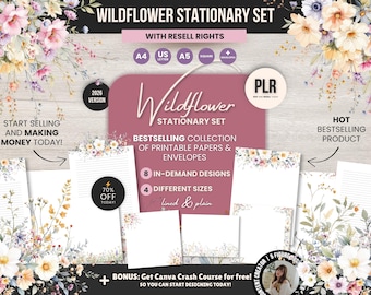 Set de papelería imprimible con diseño de flores silvestres, incluye sobres, plantillas editables para Canva y papel de escritura floral con derechos de reventa PLR.