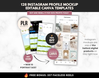 128 Instagram Profile Mockup Templates, Editable Canva Social Media Branding Kit, Instagram Grid Reels Posts Stories PLR, Canva Templates