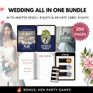 250 All In One Wedding Bundle with MRR & PLR,  Editable Canva Templates with Master Resell Rights, Planner Itinerary Invitation Party Games