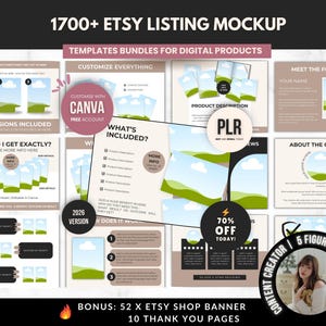 デジタル製品向けEtsy出品用モックアップテンプレート1700点セット、Etsy出品用編集可能なCanvaモックアップ、Etsy製品画像モックアップテンプレート