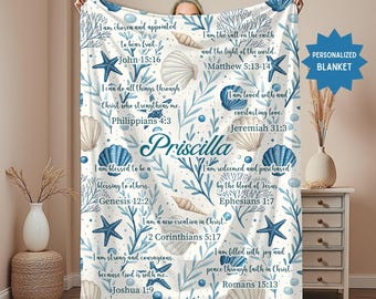 Personalized Name Encouragement Scripture Blanket Coastal Seashell Bible Verse Fleece Custom Ocean Theme Faith Comfort Throw Christian Gift