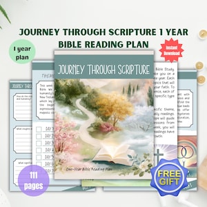 Pode incluir: Um plano de leitura bíblica digital intitulado Journey Through Scripture 1 Year Bible Reading Plan. A capa mostra um livro aberto em um caminho através de uma paisagem com árvores e flores. O documento inclui 111 páginas com listas de leitura diárias, seções de estudo temático e um emblema de brinde gratuito.