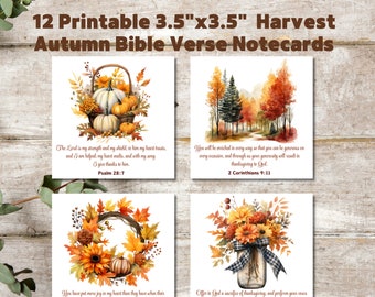 May include: Set of 12 printable 3.5" x 3.5" Harvest Autumn Bible Verse notecards. Each card features a watercolor illustration with fall themes like pumpkins, leaves, and floral arrangements, along with a Bible verse.