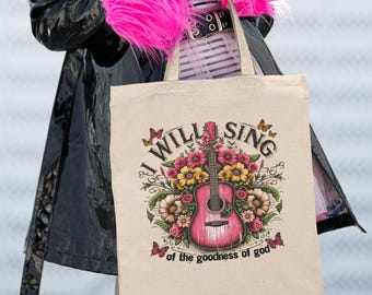 Christian Boho Floral Guitar I Will Sing Tote Bag Faith Music Lover Tote Religious Handbag Unique Gift for Worship Leaders And Guitarist