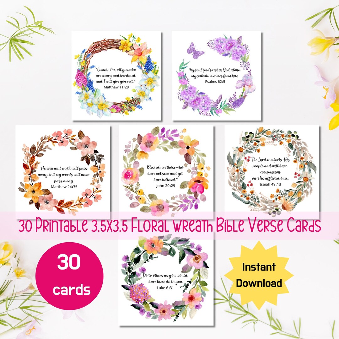 30 Encouraging Spring Floral Wreath Scripture Cards Mom Bible Verse ...