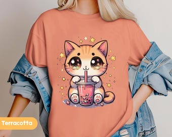 Kawaii Boba Drink Anime Cat T-Shirt Fun Kitty Lover Tee Cute Bubble Tea Shirt Funny Animal Graphic Top  Novelty Gift for Cat Owner