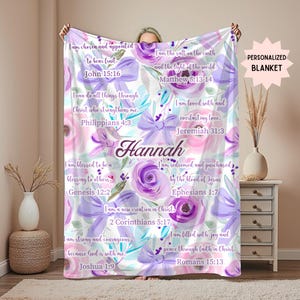 Personalized Name Christian Purple Floral Blanket Scripture Bow Design Throw Bible Verse Rose Soft Comfort Wrap Religious Gift For Women