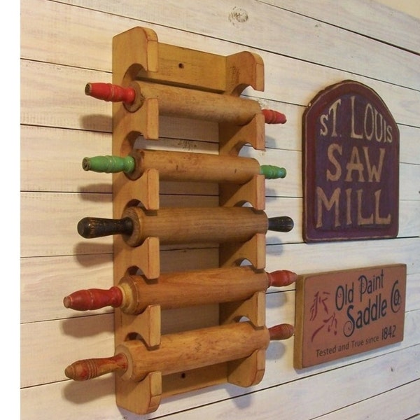 Multiple Rolling Pin Rack Wooden Rolling Pin Shelf Farmhouse Style Storage Primitive Finish Color Choice