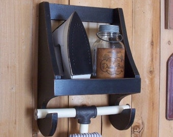 Ironing Board Storage Shelf for the Laundry Room Wooden Primitive Farmhouse Cubby Shelf Iron Holder Storage Lamp Black Color Choice