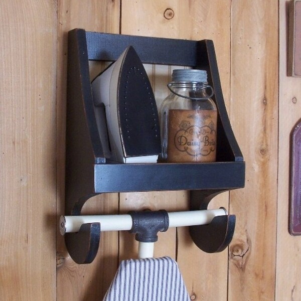 Ironing Board Storage Shelf for the Laundry Room Wooden Primitive Farmhouse Cubby Shelf Iron Holder Storage Lamp Black Color Choice