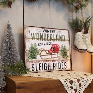 Winter Wonderland Sleigh Rides Christmas Wooden Sign for your Rustic Country Shabby Chic or Farmhouse Decor