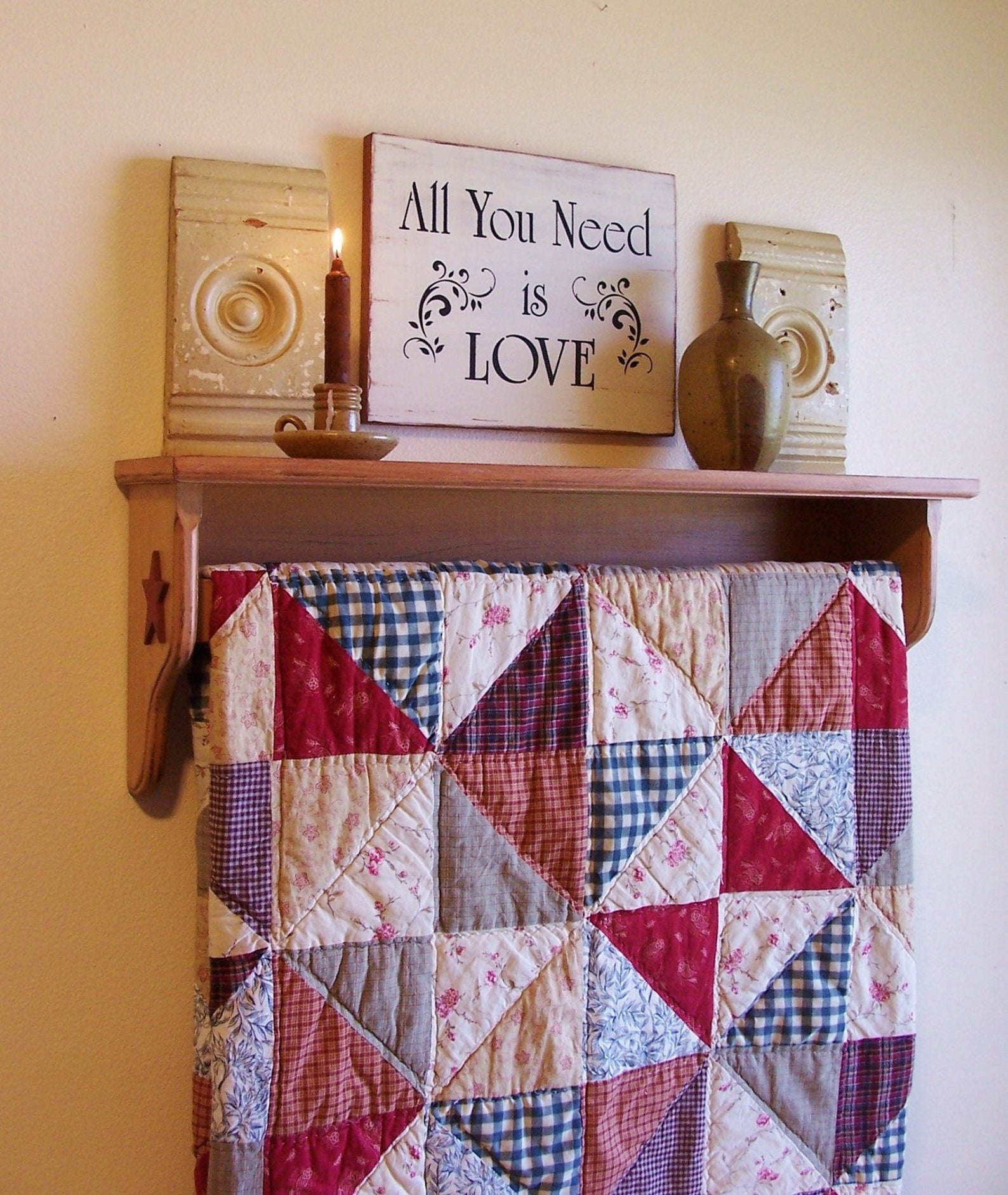 Primitive Quilt Shelf Wall Rack Handmade Farmhouse Style Etsy