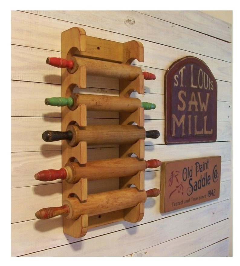 Multiple Rolling Pin Rack Wooden Rolling Pin Shelf Farmhouse Style Storage Primitive Finish Color Choice image 1