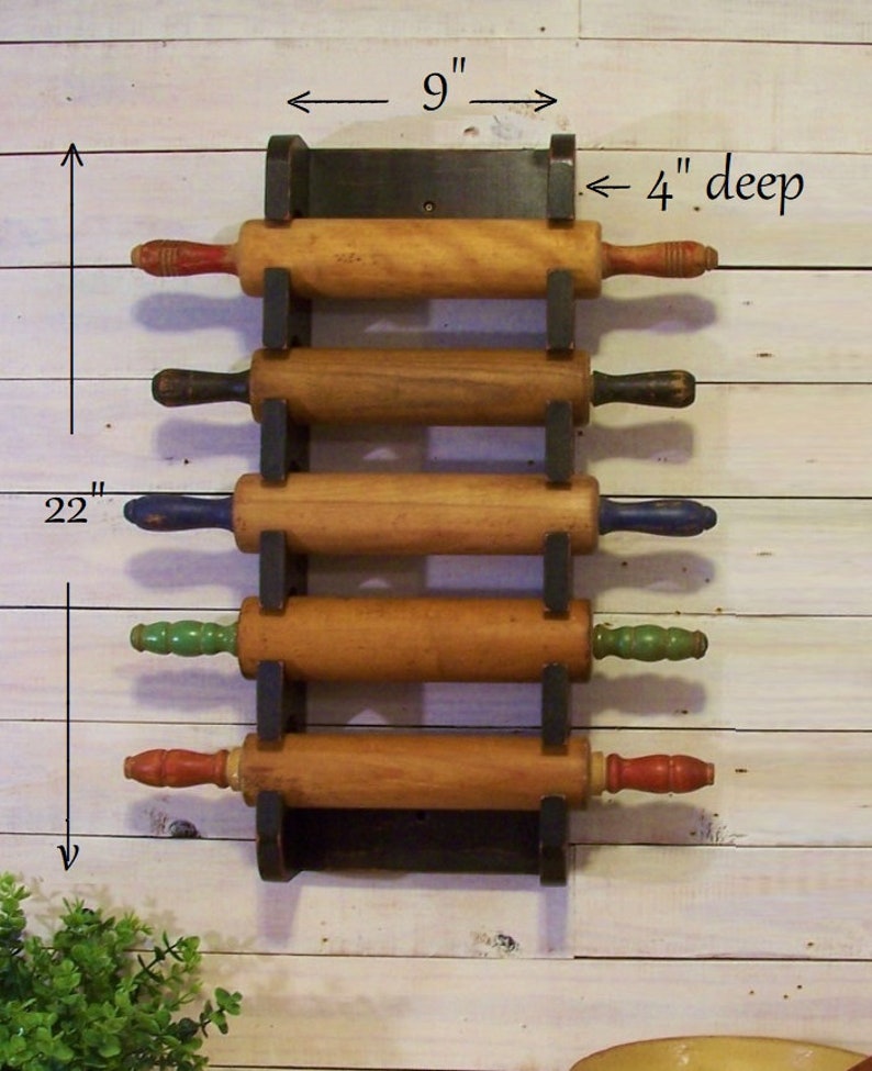 Multiple Rolling Pin Rack Wooden Rolling Pin Shelf Farmhouse Style Storage Primitive Finish Color Choice image 6