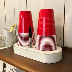 Farmhouse Cottage Style Wooden Solo Cup Holder Caddy with Marker Storage Handmade
