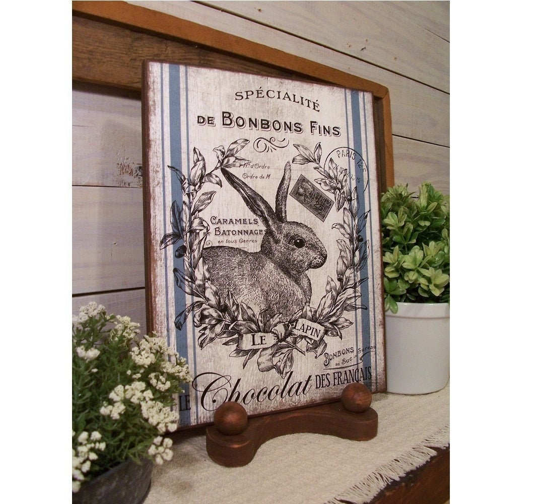 French Script Feed Sack with Rabbit Wooden Sign for your Rustic Shabby Chic or Farmhouse Style Easter Spring Decor