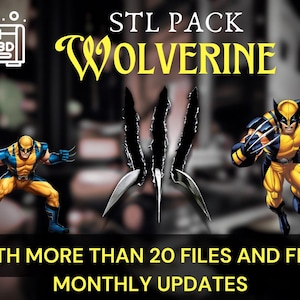 May include: A digital 3D model STL pack of Wolverine, a popular Marvel Comics superhero. The pack includes over 20 files and free monthly updates. The image shows Wolverine in a yellow and blue costume with his claws extended.