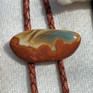 May include: A bolo tie featuring a polished, oval-shaped stone centerpiece with swirling bands of terracotta, cream, and sage green. The stone is mounted on a braided brown leather cord that extends vertically above and below the central piece.