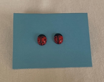 May include: Two ladybug stud earrings. Each earring is red with black spots and a black head. The earrings are displayed on a light blue card.