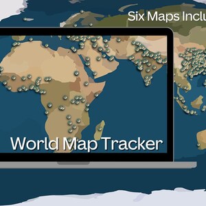 May include: A laptop computer screen displaying a world map with a blue background and brown continents. The map shows many small, light blue circles scattered across the continents. The text "World Map Tracker" is displayed on the screen. The text "Six Maps Included!" is displayed above the laptop.
