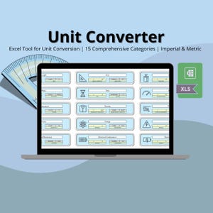 Op de afbeelding: Een laptop met een interface voor een eenheidconversie met 15 categorieën, waaronder lengte, massa en temperatuur. De tekst luidt "Unit Converter" en "Excel Tool for Unit Conversion | 15 Comprehensive Categories | Imperial & Metric."