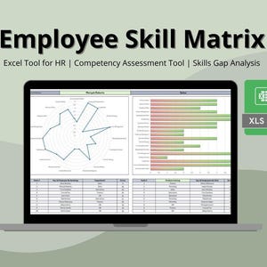 May include: A laptop screen displaying a spreadsheet with a title "Employee Skill Matrix". The spreadsheet shows a radar chart of an employee's skills, a bar chart of skills by department, and a table of top employees by skill.