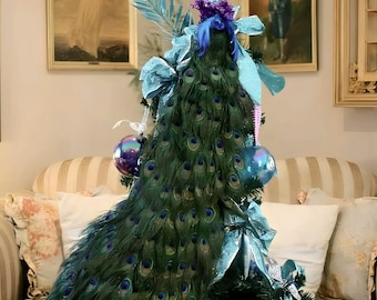 Luxurious Peacock Christmas Tree Topper or Wedding Cake Topper with detailed embellishments in your choice of accent colors - 36 inches
