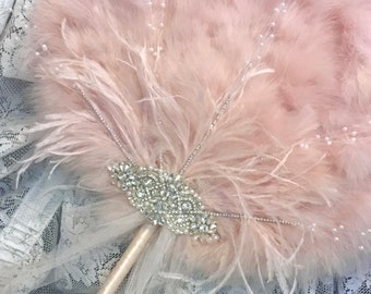 IN STOCK!  Dusty Rose Blush Pink Marabou Ostrich Feather Fan with Crystals, Pearls, Beaded Crystal trim and Tulle Art Deco 20s Weddings